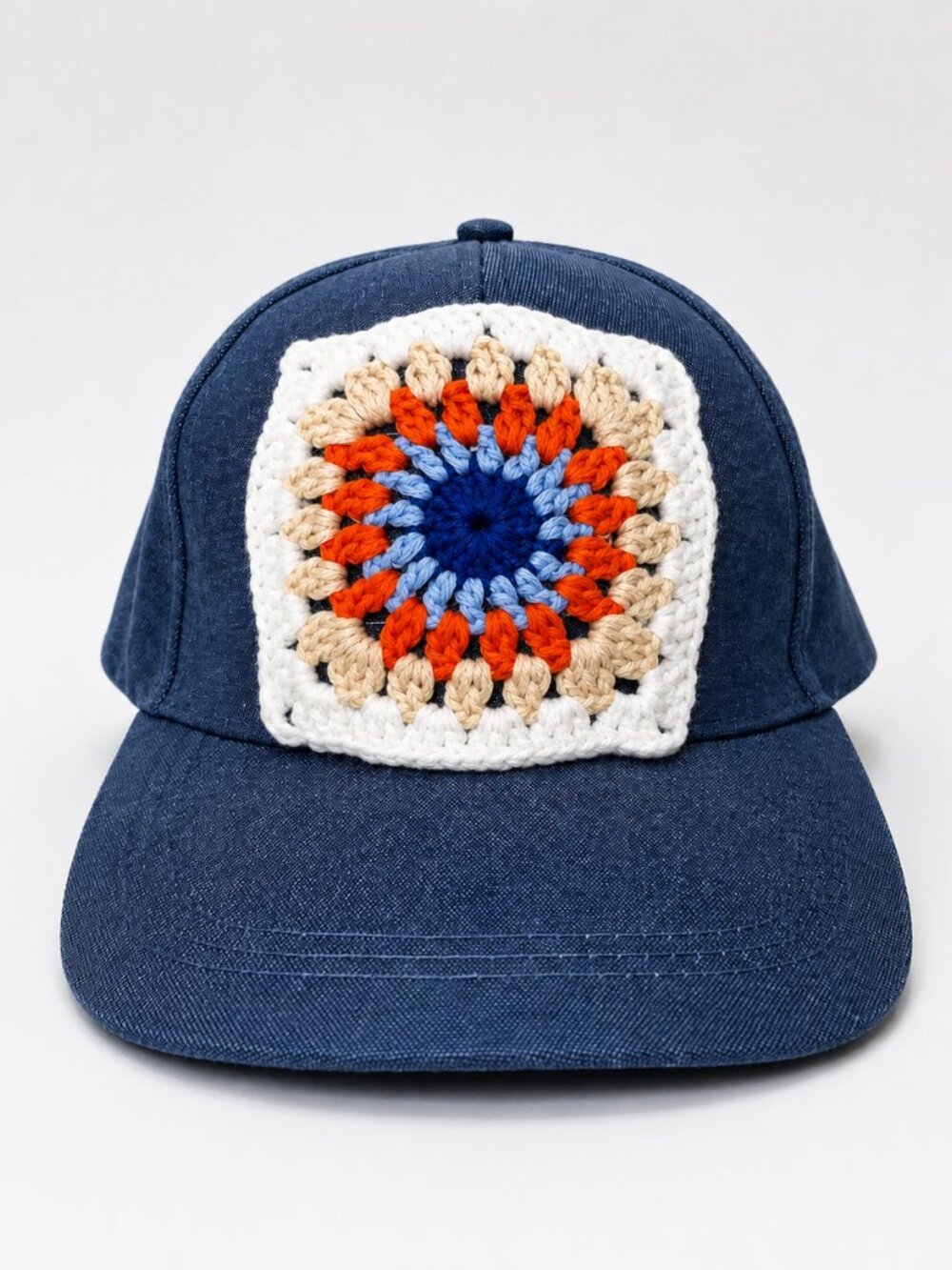 Handmade Blue Denim Crochet Granny Square Baseball Cap Retro Boho Trucker Hat